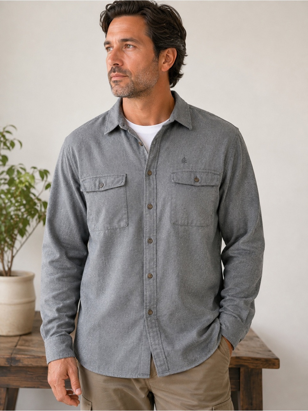 Royal Robbin’s Men's Long-Sleeve Button-Up Jacket Shirt Gray Organic cotton XXL